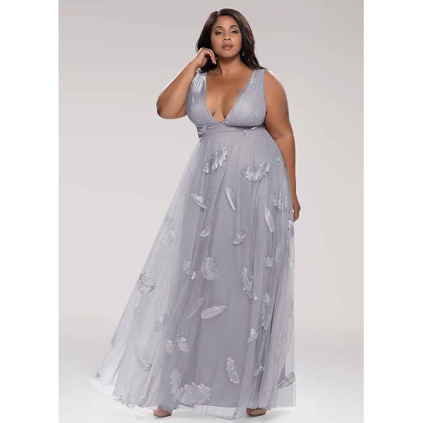 Blush Mark Lost In Paradise Grey Embroidery Tulle Maxi Dress