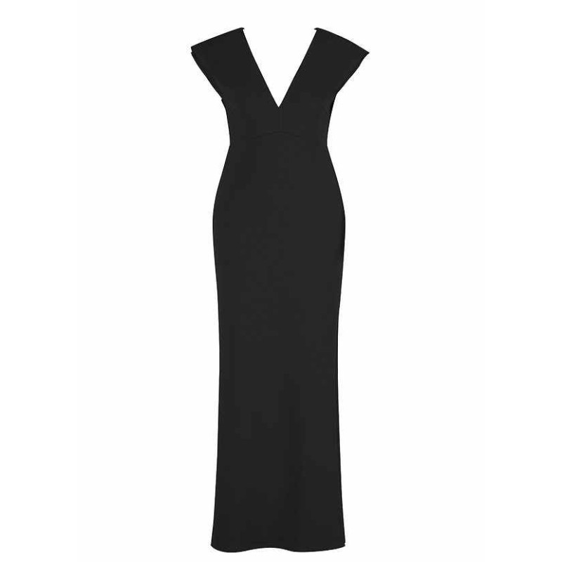 AZ Occasions Maxi Crepe Dress with V Neckline and Cap Sleeves